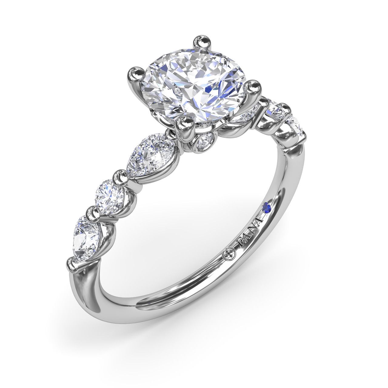 14K WHITE GOLD SHARED PRONG SEMI-MOUNT RING SIZE 6.5 WITH 6=0.52TW VARIOUS SHAPES (4 PEARS & 2 ROUNDS) G-H VS2-SI1 DIAMONDS AND ONE ROUND BLUE SAPPHIRE   (2.60 GRAMS)