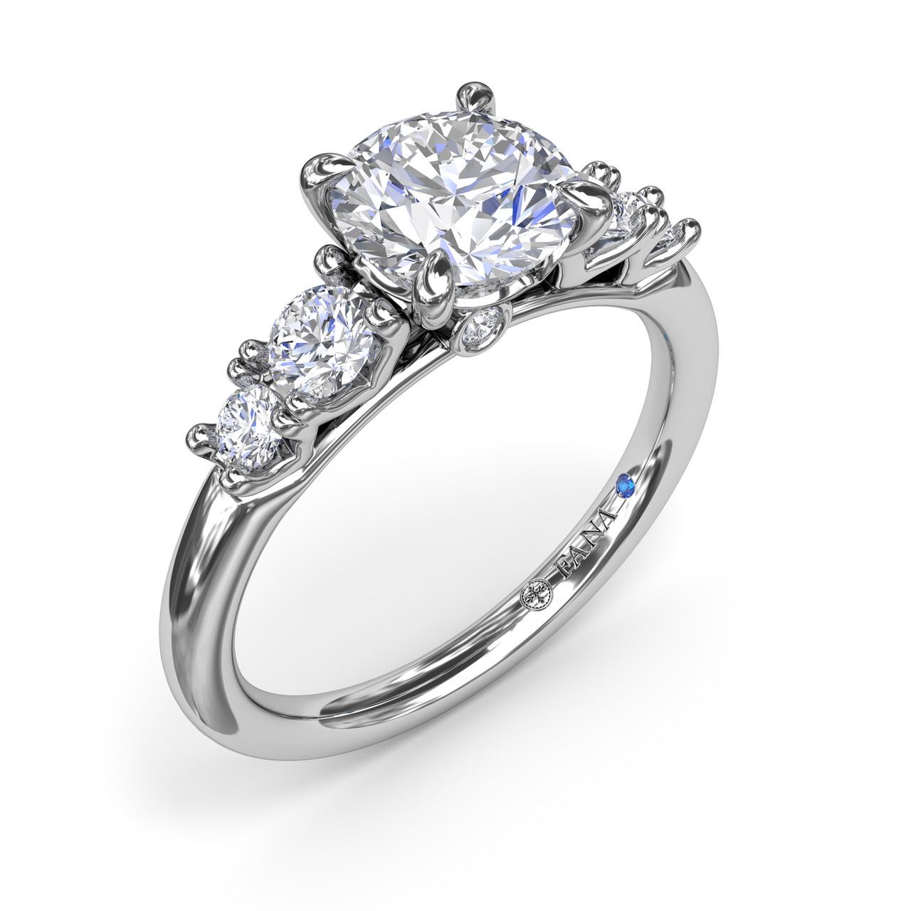 14K WHITE GOLD SEMI-MOUNT RING SIZE 6.5 WITH 6=0.36TW ROUND G-H VS2-SI1 DIAMONDS AND ONE ROUND BLUE SAPPHIRE  (3.28 GRAMS)