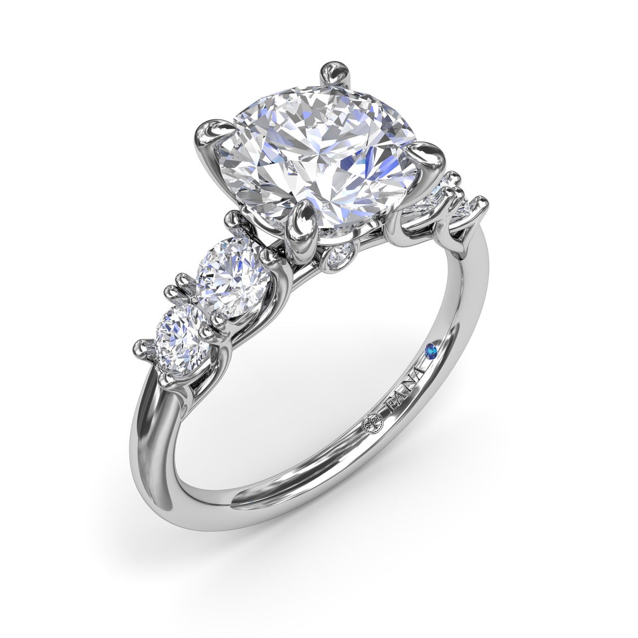 14K WHITE GOLD SEMI-MOUNT RING SIZE 6.5 WITH 6=0.55TW ROUND G-H VS2-SI1 DIAMONDS AND ONE ROUND BLUE SAPPHIRE    (3.41 GRAMS)