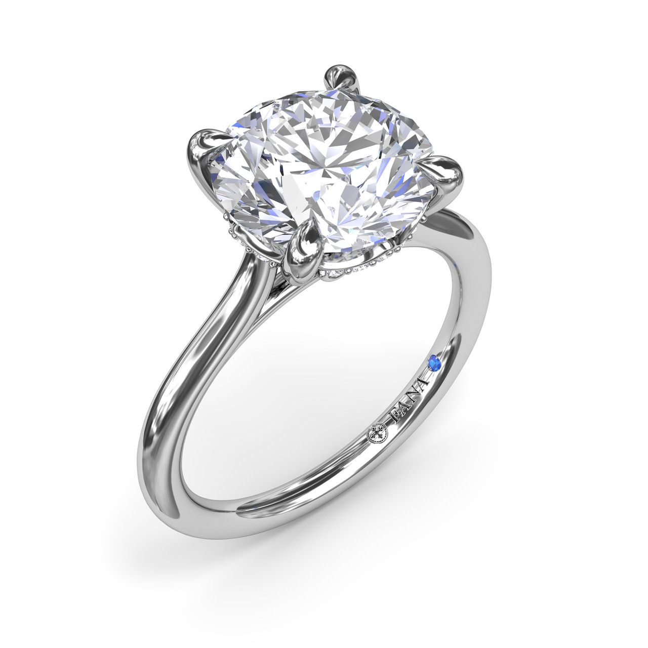 14K WHITE GOLD SOLITAIRE SEMI-MOUNT RING SIZE 6.5 WITH 18=0.10TW ROUND G-H VS2-SI1 DIAMONDS AND ONE ROUND BLUE SAPPHIRE   (4.03 GRAMS)