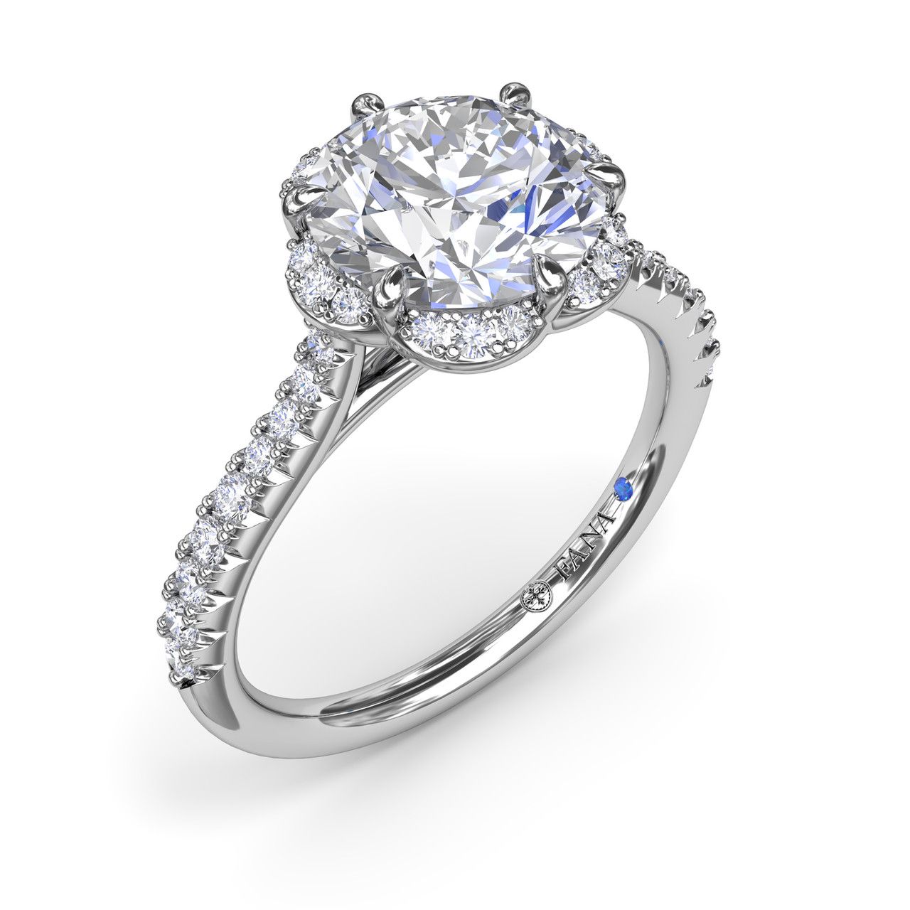 14K WHITE GOLD HALO SEMI-MOUNT RING SIZE 6.5 WITH 60=0.50TW ROUND G-H VS2-SI1 DIAMONDS AND ONE ROUND BLUE SAPPHIRE  (3.49 GRAMS)