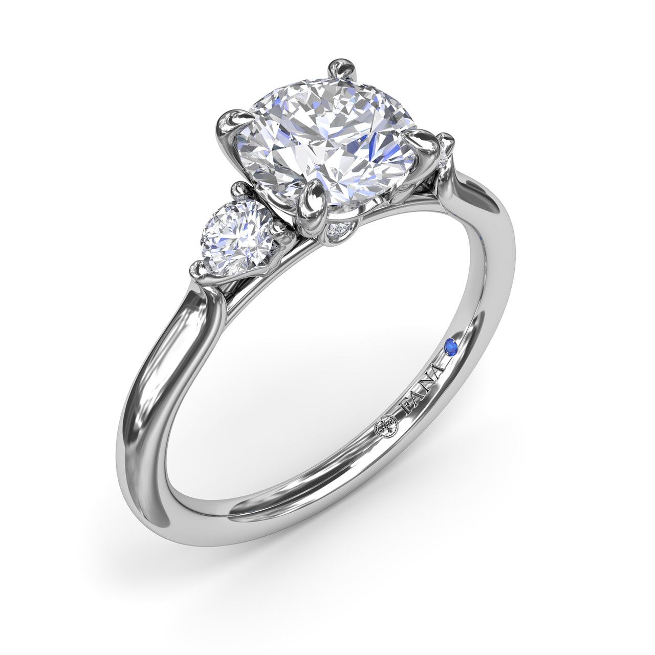 14K WHITE GOLD 3 STONE SEMI-MOUNT RING SIZE 6.5 WITH 4=0.23TW ROUND G-H VS2-SI1 DIAMONDS AND ONE ROUND BLUE SAPPHIRE   (2.92 GRAMS)