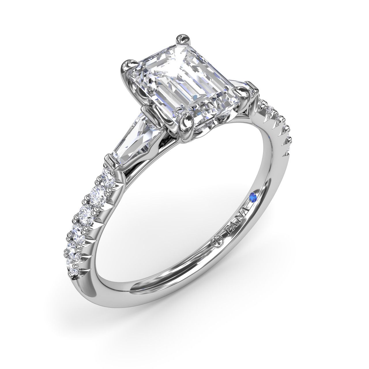 14K WHITE GOLD SEMI-MOUNT RING SIZE 6.5 WITH 18=0.38TW VARIOUS SHAPES (16 ROUNDS & 2 BAGUETTES) G-H SI1-SI2 DIAMONDS AND ONE ROUND BLUE SAPPHIRE   (2.76 GRAMS)