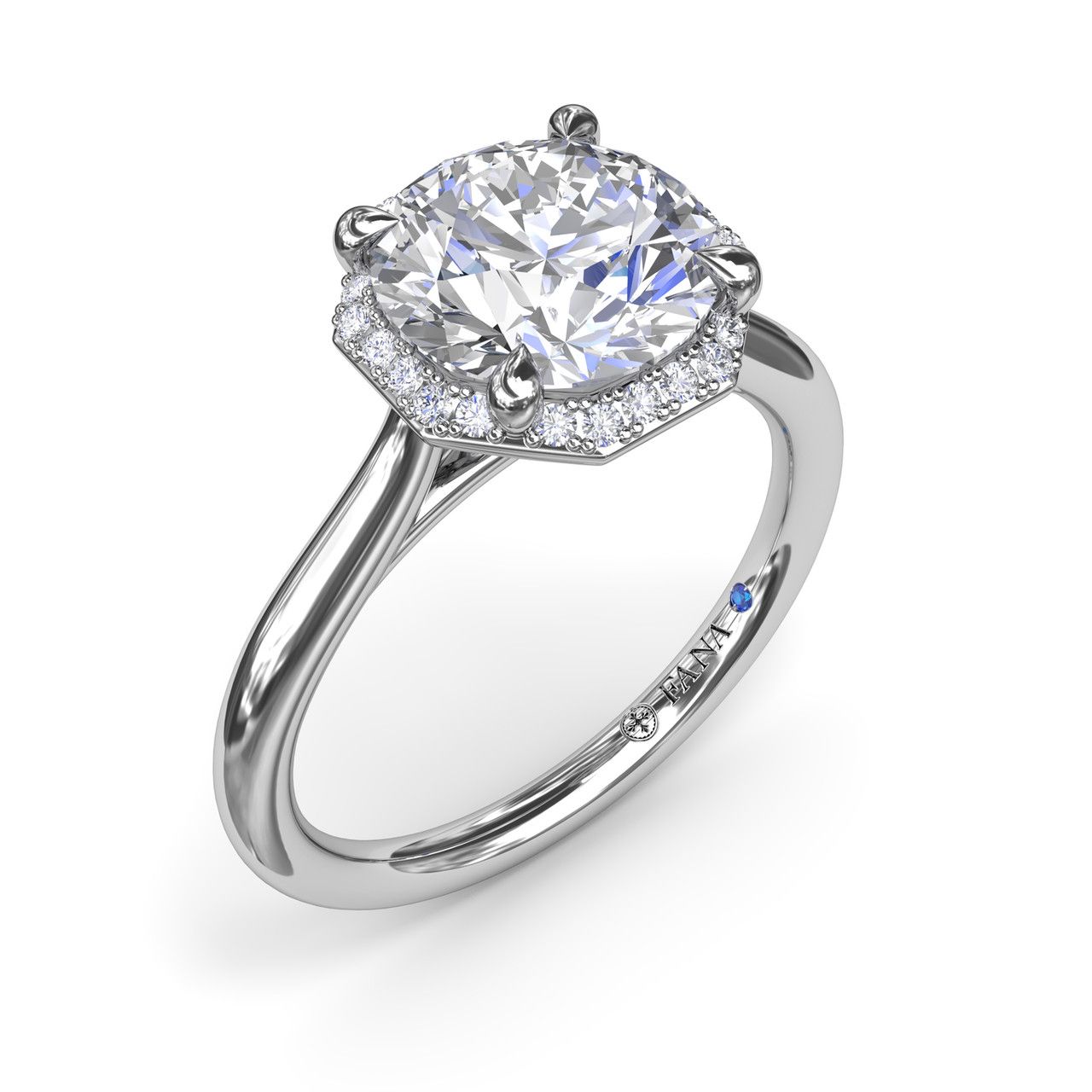 14K WHITE GOLD HALO SEMI-MOUNT RING SIZE 6.5 WITH 26=0.14TW ROUND G-H VS2-SI1 DIAMONDS AND ONE ROUND BLUE SAPPHIRE    (3.89 GRAMS)