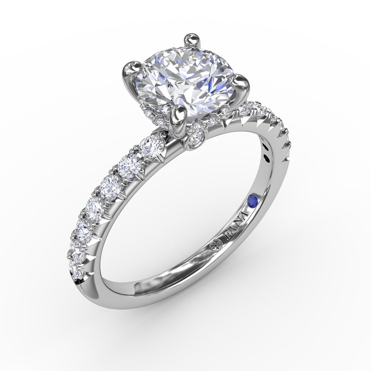 14K WHITE GOLD HIDDEN HALO SEMI-MOUNT RING SIZE 6.5 WITH 28=0.42TW ROUND G-H VS2-SI1 DIAMONDS AND ONE ROUND BLUE SAPPHIRE   (2.74 GRAMS)