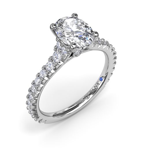 14K WHITE GOLD SEMI-MOUNT RING SIZE 6.5 WITH 30=0.51TW ROUND G-H VS2-SI1 DIAMONDS AND ONE ROUND BLUE SAPPHIRE  (2.88 GRAMS)