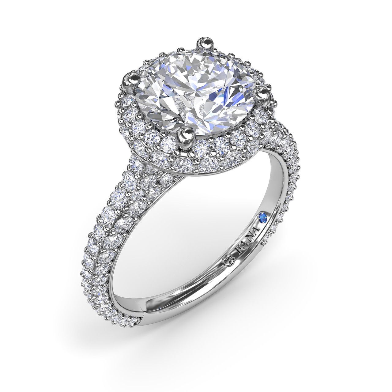 14K WHITE GOLD HALO SEMI-MOUNT RING SIZE 6.5 WITH 164=1.48TW ROUND G-H VS2-SI1 DIAMONDS AND ONE ROUND BLUE SAPPHIRE  (5.02 GRAMS)