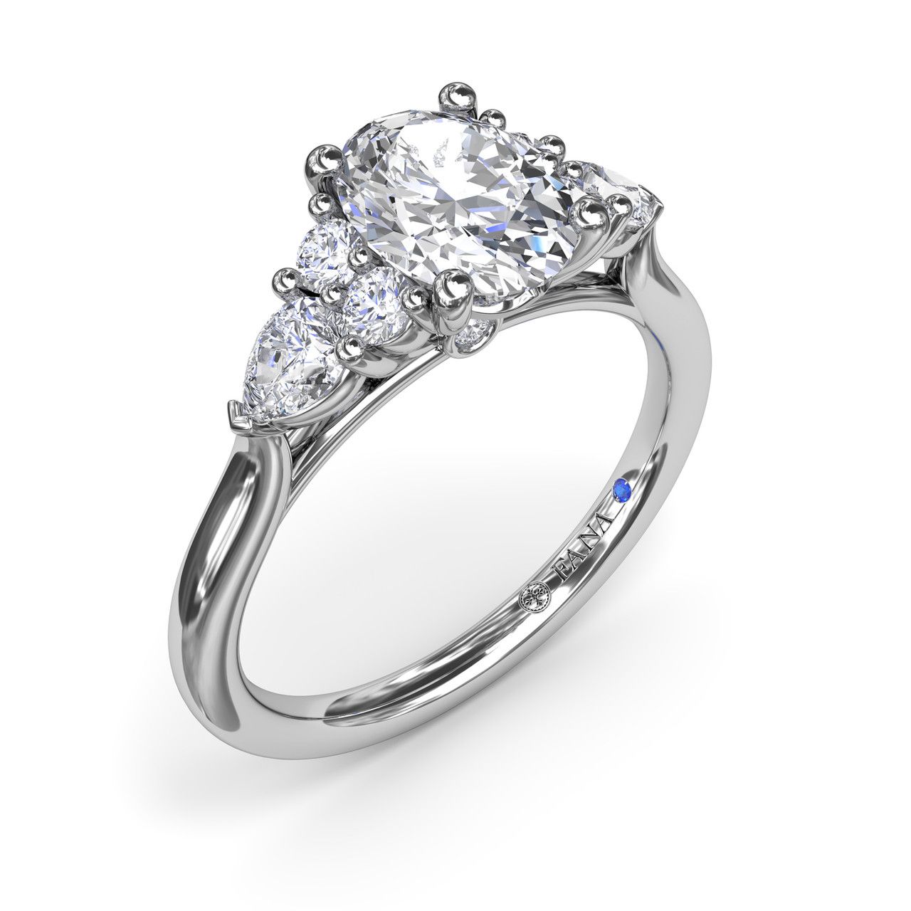 14K WHITE GOLD SEMI-MOUNT RING SIZE 6.5 WITH 8=0.42TW VARIOUS SHAPES (2 PEARS & 6 ROUNDS)  G-H VS2-SI1 DIAMONDS AND ONE ROUND BLUE SAPPHIRE   (3.41 GRAMS)