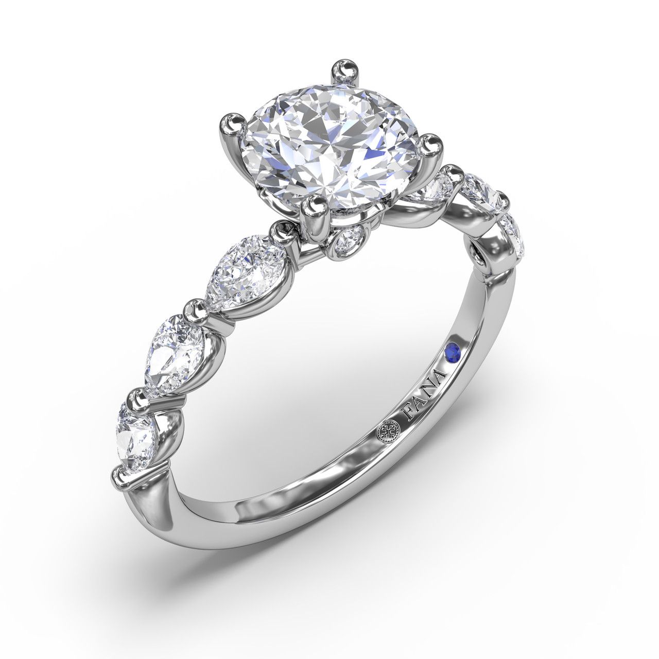 14K WHITE GOLD SHARED PRONG SEMI-MOUNT RING SIZE 6.5 WITH 6=0.54TW PEAR G-H VS2-SI1 DIAMONDS AND 2=0.02TW ROUND G-H VS2-SI1 DIAMONDS AND ONE ROUND BLUE SAPPHIRE   (2.54 GRAMS)