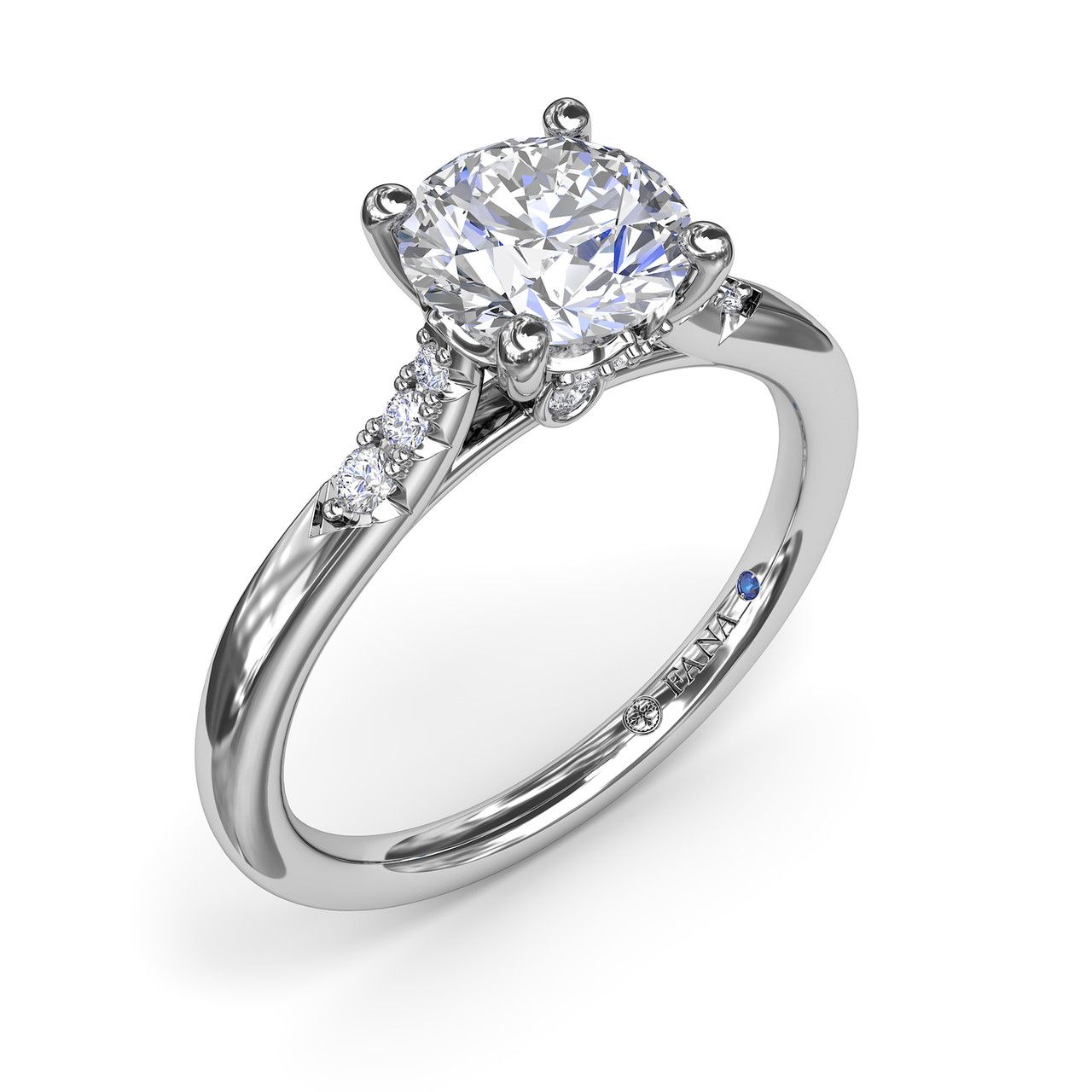 14K WHITE GOLD SEMI-MOUNT RING SIZE 6.5 WITH 14=0.16TW ROUND G-H VS2-SI1 DIAMONDS AND ONE ROUND BLUE SAPPHIRE  (2.90 GRAMS)