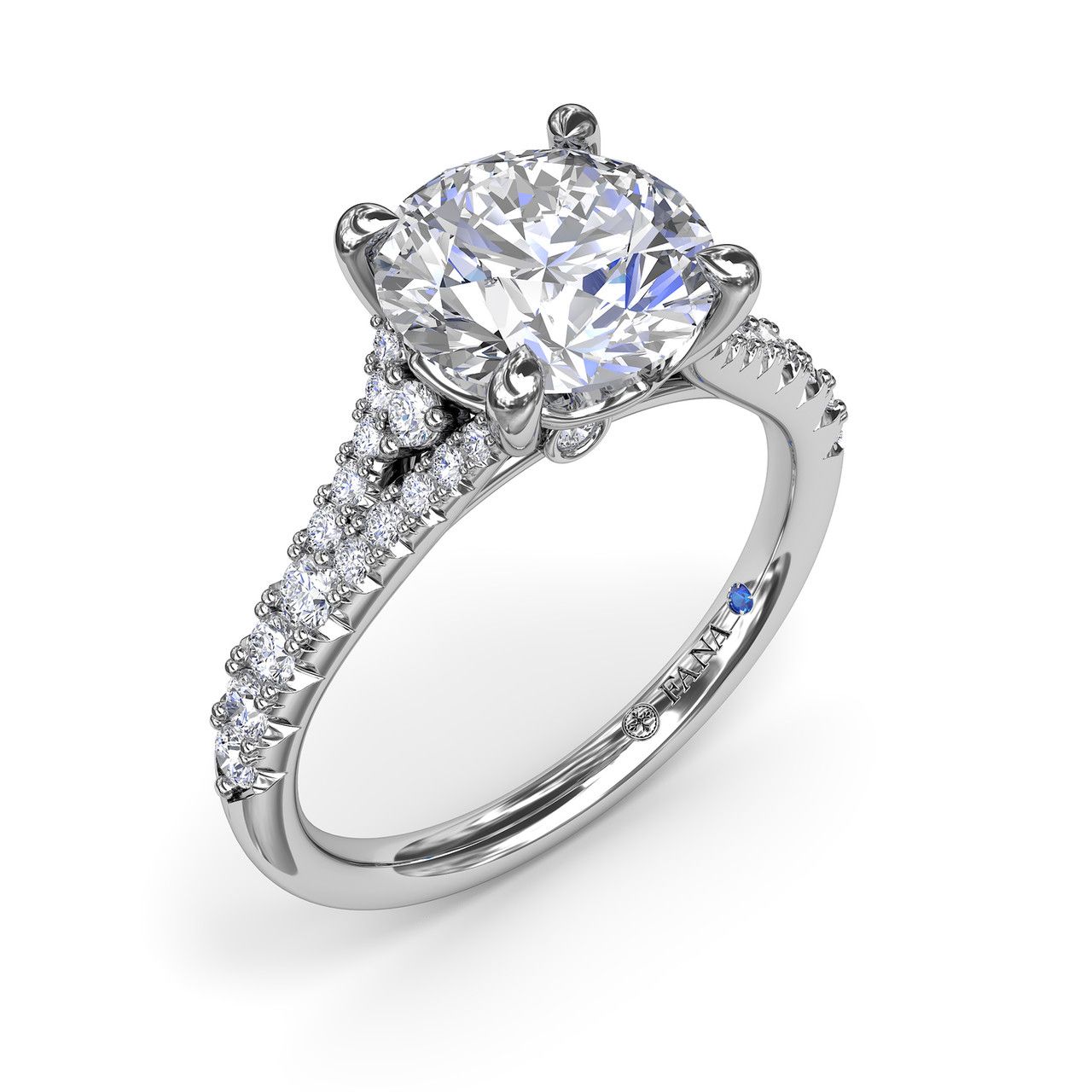 14K WHITE GOLD SPLIT SHANK SEMI-MOUNT RING SIZE 6.5 WITH 32=0.43TW ROUND G-H VS2-SI1 DIAMONDS AND ONE ROUND BLUE SAPPHIRE  (3.73 GRAMS)