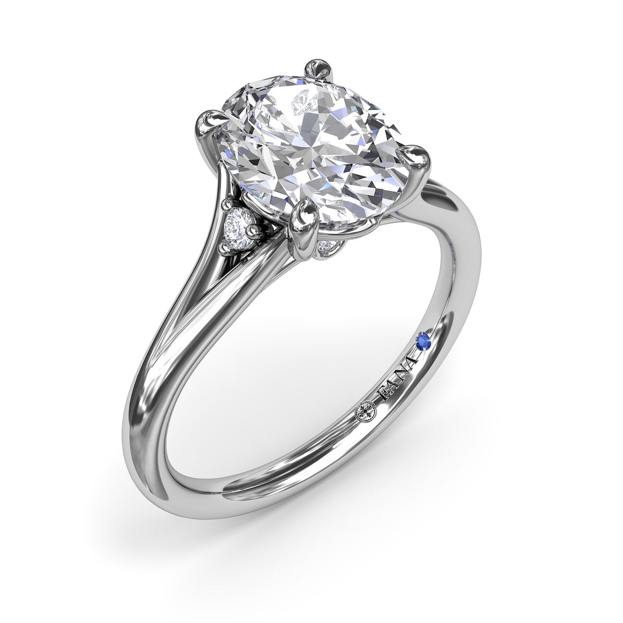 14K WHITE GOLD SPLIT SHANK SEMI-MOUNT RING SIZE 6.5 WITH 4=0.06TW ROUND G-H VS2-SI1 DIAMONDS AND ONE ROUND BLUE SAPPHIRE (3.72 GRAMS)