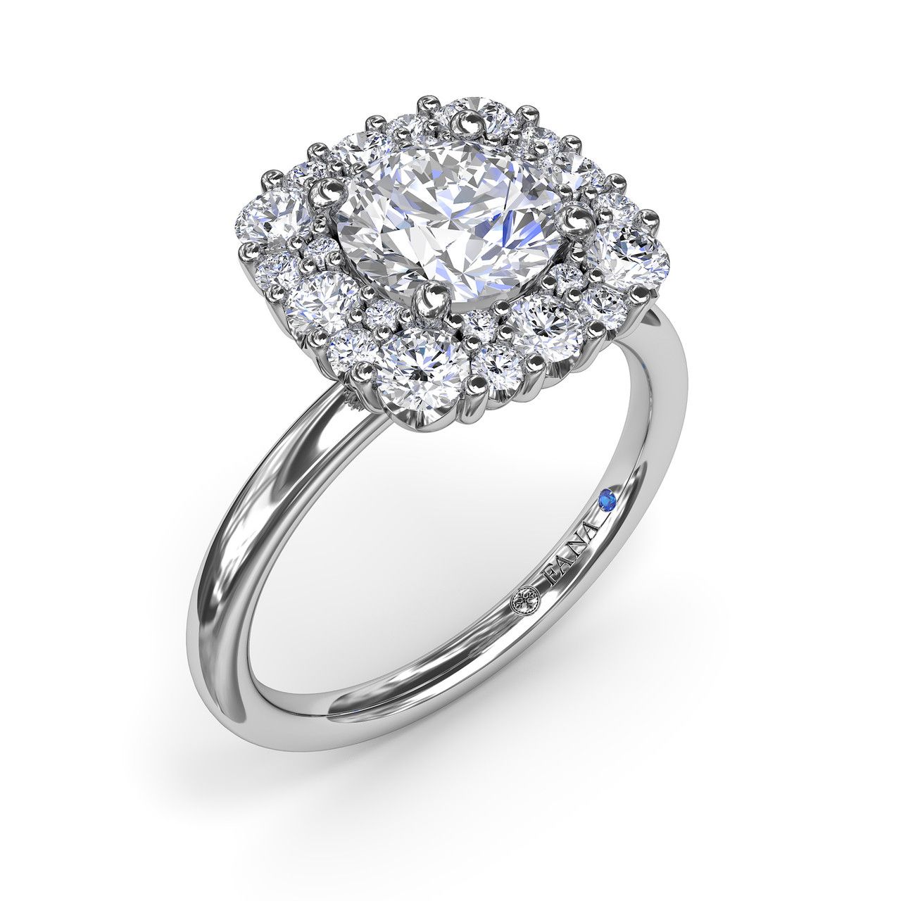 14K WHITE GOLD HALO SEMI-MOUNT RING SIZE 6.5 WITH 26=0.64TW ROUND G-H VS2-SI1 DIAMONDS AND ONE ROUND BLUE SAPPHIRE   (4.37 GRAMS)