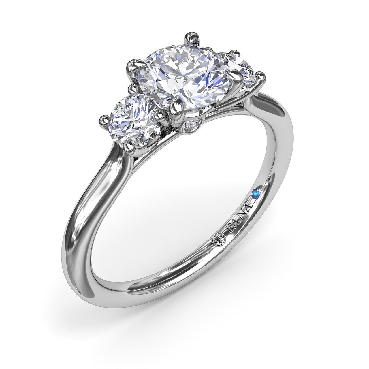 14K WHITE GOLD 3 STONE SEMI-MOUNT RING SIZE 6.5 WITH 4=0.34TW ROUND G-H VS2-SI1 DIAMONDS AND ONE ROUND BLUE SAPPHIRE  (2.68 GRAMS)