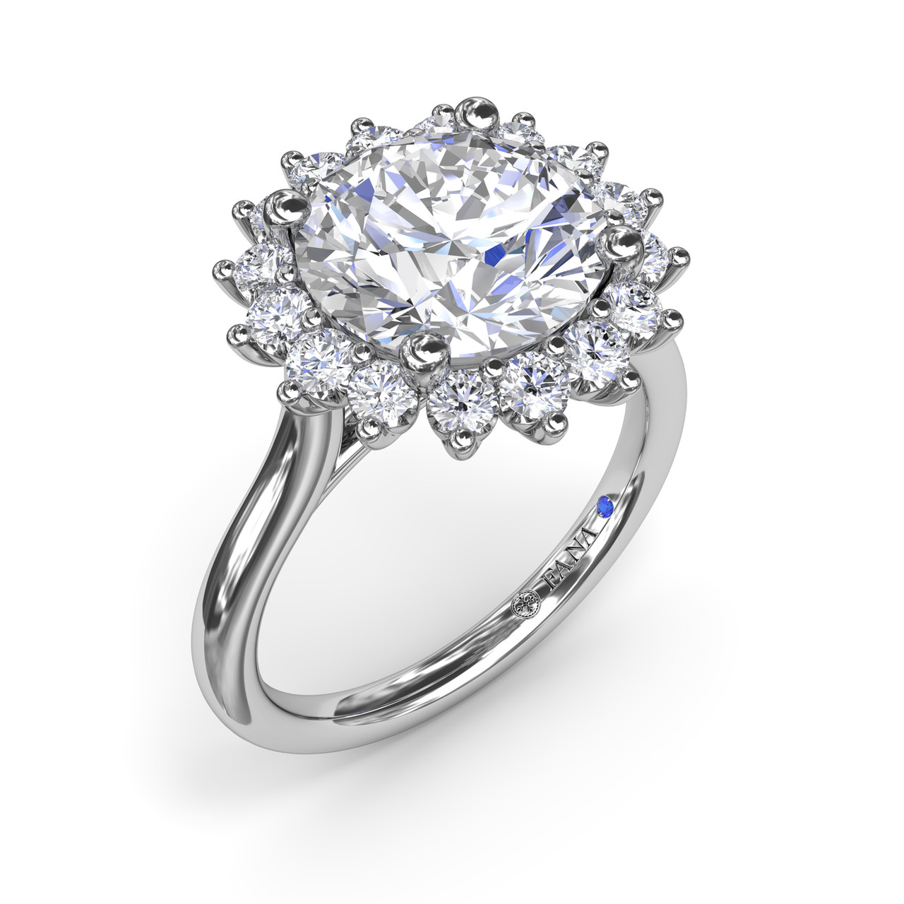 14K WHITE GOLD HALO SEMI-MOUNT RING SIZE 6.5 WITH 16 = 0.51TW ROUND F-G VS2-SI1 DIAMONDS AND ONE = 0.01CT ROUND BLUE SAPPHIRE   (5.04 GRAMS)