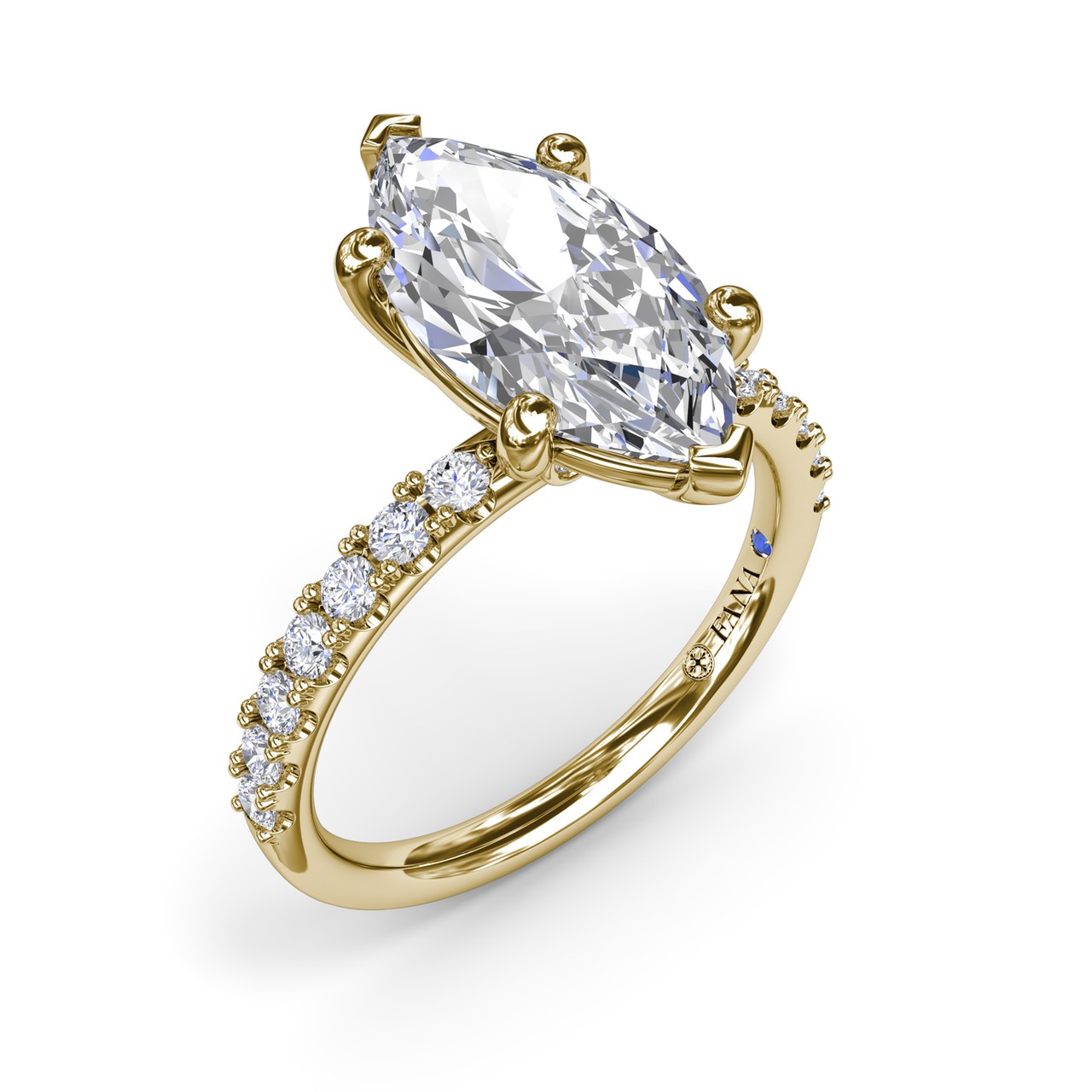 14K YELLOW GOLD SEMI-MOUNT RING SIZE 6.5 WITH 16 = 0.34TW ROUND F-G VS2-SI1 DIAMONDS AND ONE = 0.01CT ROUND BLUE SAPPHIRE   (3.89 GRAMS)