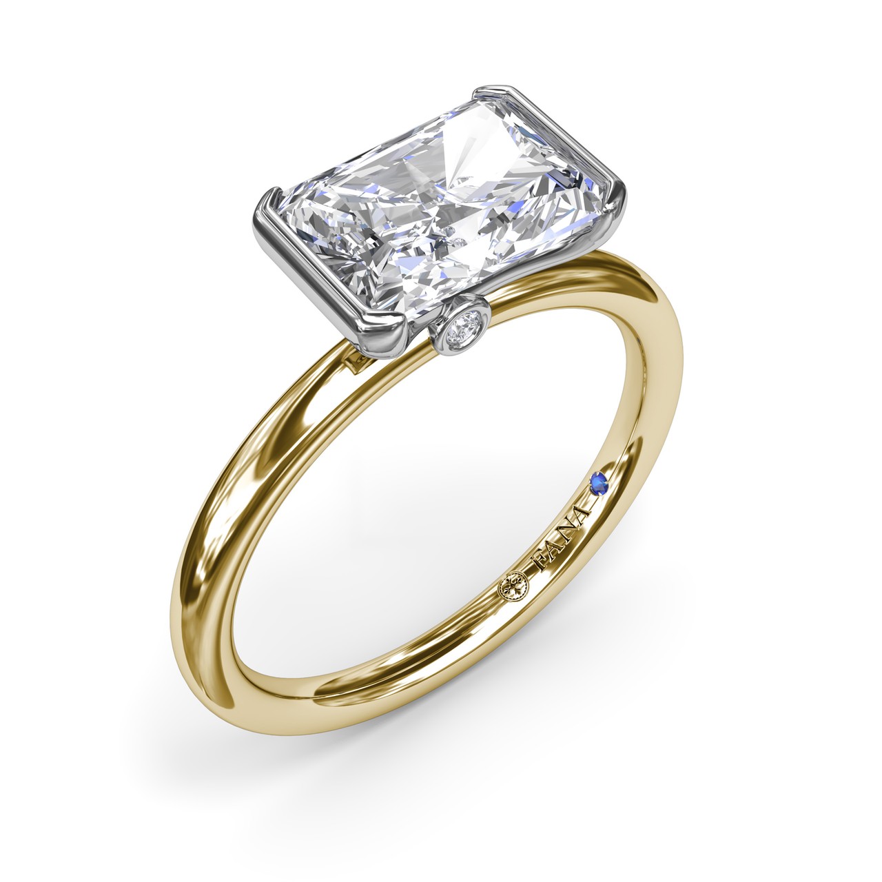 14K YELLOW & WHITE GOLD HALF BEZEL SEMI-MOUNT RING SIZE 6.5 WITH 2 = 0.02TW ROUND F-G VS2-SI1 DIAMONDS AND ONE = 0.01CT ROUND BLUE SAPPHIRE   (3.25 GRAMS)