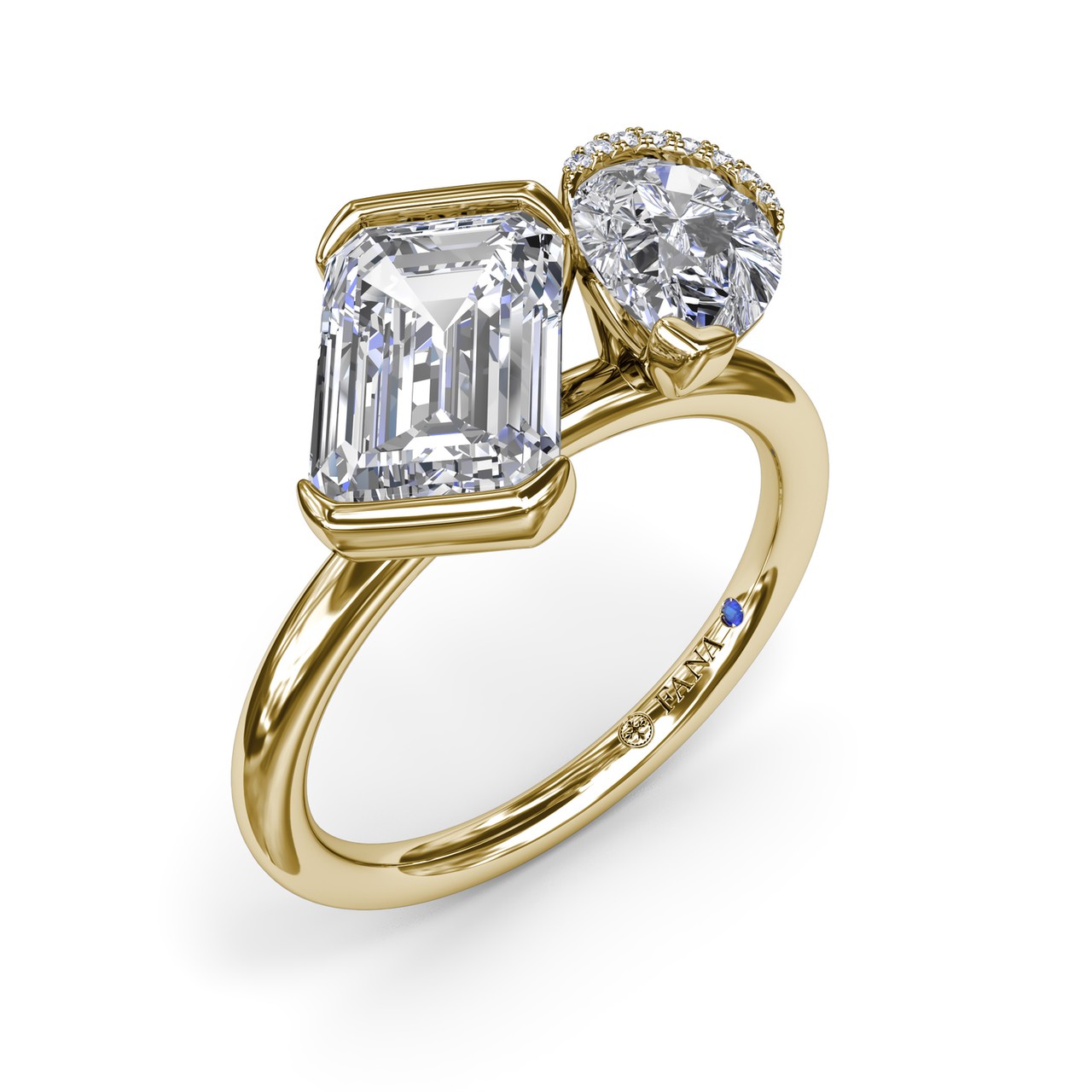 14K YELLOW GOLD TOI ET MOI SEMI-MOUNT RING SIZE 6.5 WITH 8 = 0.02TW ROUND F-G VS2-SI1 DIAMONDS AND ONE = 0.01CT ROUND BLUE SAPPHIRE  (4.12 GRAMS)