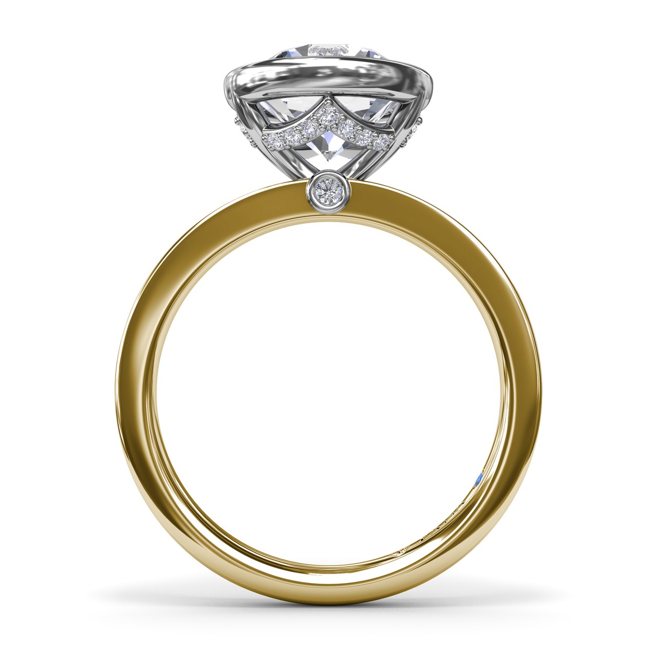 14K YELLOW & WHITE GOLD BEZEL SET SEMI-MOUNT RING SIZE 6.5 WITH 18 = 0.20TW ROUND F-G VS2-SI1 DIAMONDS AND ONE = 0.01CT ROUND BLUE SAPPHIRE   (4.70 GRAMS)