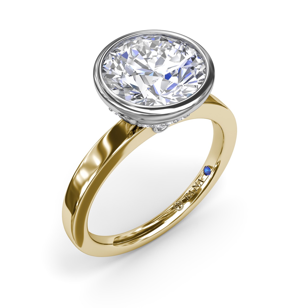 14K YELLOW & WHITE GOLD BEZEL SET SEMI-MOUNT RING SIZE 6.5 WITH 18 = 0.20TW ROUND F-G VS2-SI1 DIAMONDS AND ONE = 0.01CT ROUND BLUE SAPPHIRE   (4.70 GRAMS)