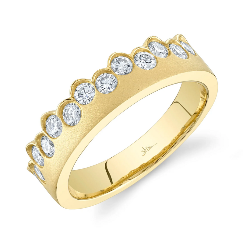 14K YELLOW GOLD SATIN BEZEL DIAMOND FASHION RING SIZE 7 WITH 13=0.66TW ROUND G-H SI1 DIAMONDS   (5.45 GRAMS)