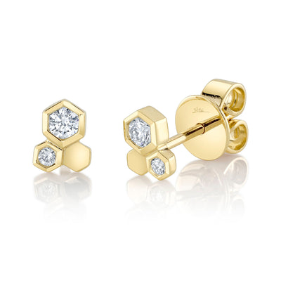 SHY CREATION 14K YELLOW GOLD HEXAGON STUD DIAMOND EARRINGS WITH 4 = 0.17TW ROUND I SI2 DIAMONDS