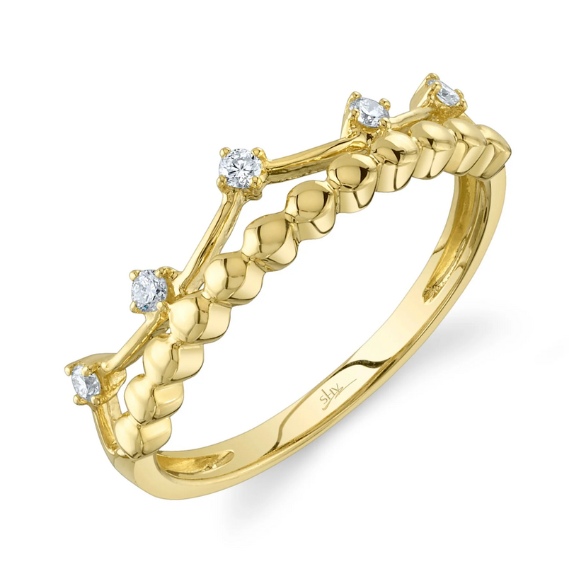 SHY CREATION 14K YELLOW GOLD BEADED DIAMOND FASHION RING SIZE 7 WITH 5=0.11TW ROUND G-H SI1 DIAMONDS   (1.69 GRAMS)