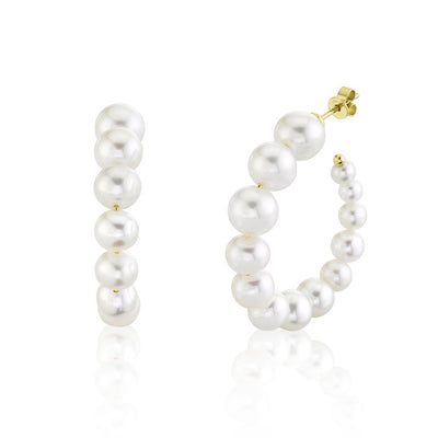 14K YELLOW GOLD HOOP EARRINGS WITH 26= ROUND CULTURED PEARLS