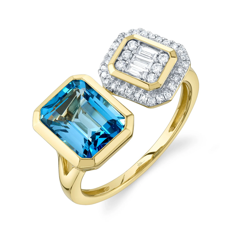 SHY CREATION 14K YELLOW GOLD BEZEL RING SIZE 7 ONE 3.04CT EMERALD BLUE TOPAZ  6=0.10TW ROUND I I1 DIAMONDS  3=0.08TW BAGUETTE I I1 DIAMONDS  AND 28=0.05TW SINGLE CUT I I1 DIAMONDS   (4.42 GRAMS)