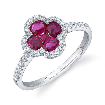 SHY CREATION 14K WHITE GOLD CLOVER RING SIZE 7 WITH 4 =  OVAL RUBIES AND 1 SQUARE RUBY = 0.93TW AND 36 = 0.30TW ROUND G-H SI2 DIAMONDS