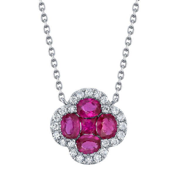 SHY CREATION 14K WHITE GOLD CLOVER PENDANT WITH 4 = OVAL RUBIES AND 1 = SQUARE RUBY 0.89TW AND 24 = 0.16TW ROUND G-H SI2 DIAMONDS ON 18
