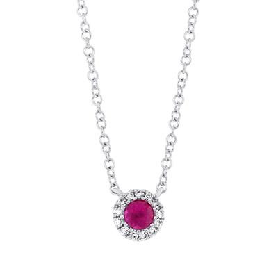 SHY CREATION 14K WHITE GOLD HALO NECKLACE WITH ONE 0.14CT ROUND RUBY AND 13=0.04TW SINGLE CUT I I1 DIAMONDS ON A 14KT WHITE GOLD 18