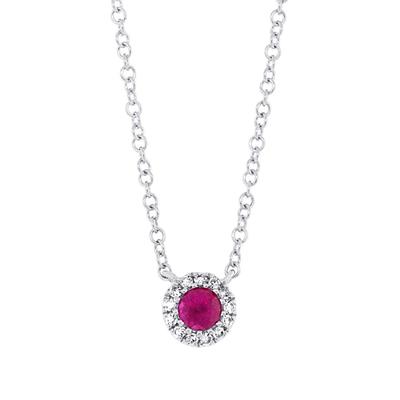 SHY CREATION 14K WHITE GOLD HALO NECKLACE WITH ONE 0.14CT ROUND RUBY AND 13=0.04TW SINGLE CUT I I1 DIAMONDS ON A 14KT WHITE GOLD 18