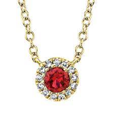 SHY CREATION 14K YELLOW GOLD HALO NECKLACE WITH ONE 0.14CT ROUND RUBY AND 13=0.04TW SINGLE CUT I I1 DIAMONDS ON A 14KT WHITE GOLD 18