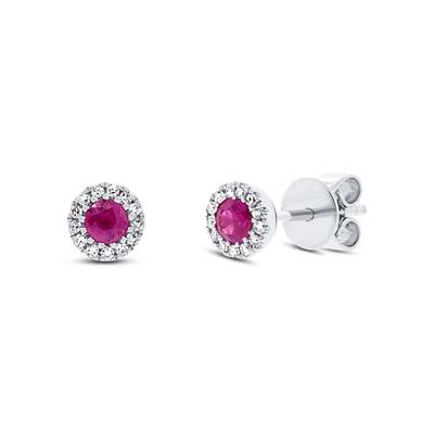 SHY CREATION 14K WHITE GOLD HALO EARRINGS WITH 2=0.28TW ROUND RUBYS AND 26=0.08TW SINGLE CUT I I1 DIAMONDS