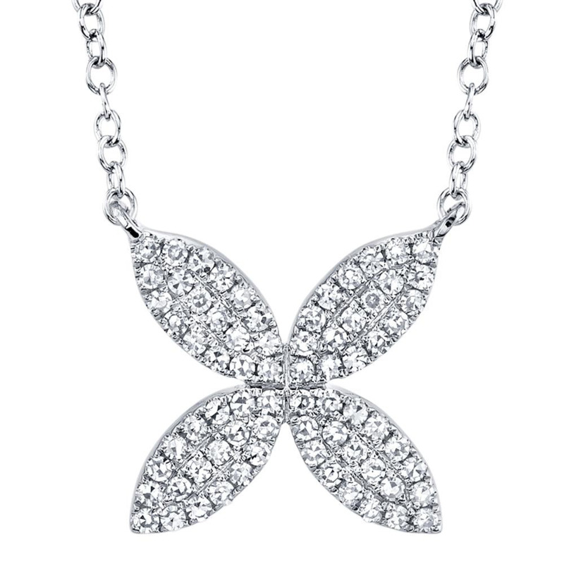 14K WHITE GOLD FLOWER DIAMOND NECKLACE WITH 72=0.20TW SINGLE CUT I I1 DIAMONDS 18