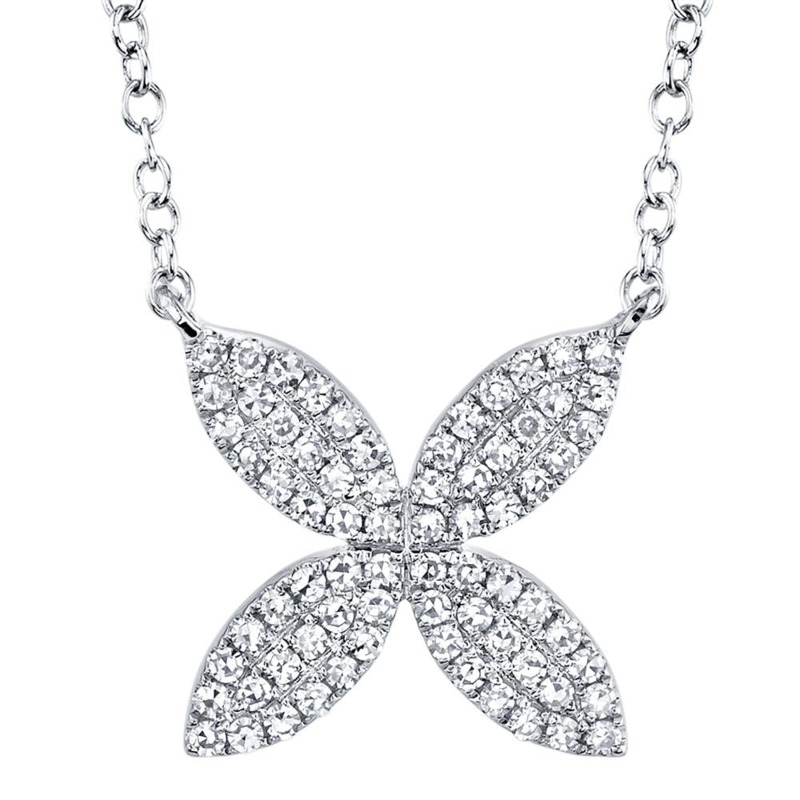 SHY CREATION 14K WHITE GOLD FLOWER DIAMOND NECKLACE WITH 72=0.20TW SINGLE CUT I I1 DIAMONDS 18