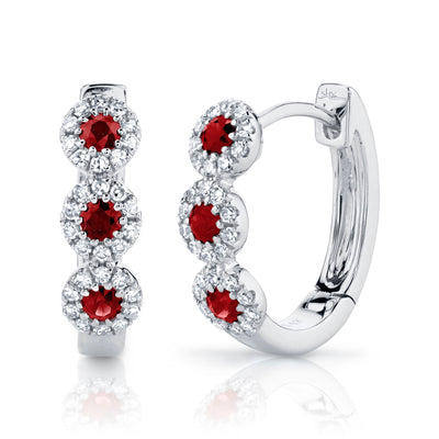 SHY CREATION 14K WHITE GOLD HUGGIE EARRINGS WITH 6 = 0.29TW ROUND RUBYS AND 60 = 0.15TW SINGLE CUT I I1 DIAMONDS