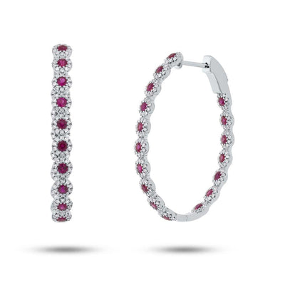 SHY CREATION 14K WHITE GOLD INSIDE OUT OVAL HOOP EARRINGS WITH 34 = 1.54TW ROUND RUBYS AND 340 = 0.86TW SINGLE CUT I I1 DIAMONDS