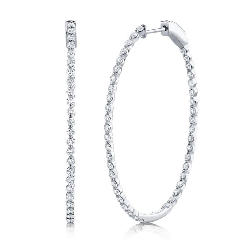 14K WHITE GOLD OVAL HOOP DIAMOND EARRINGS WITH 86=2.62TW ROUND I I1 DIAMONDS   (6.83 GRAMS)