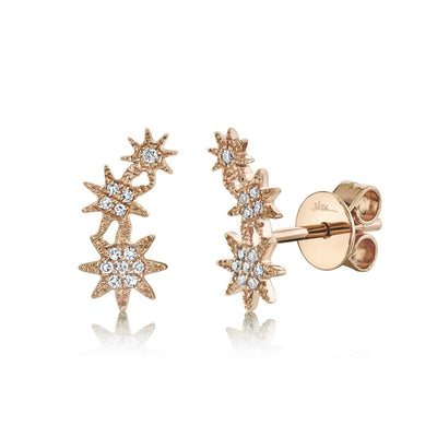 SHY CREATION 14K ROSE GOLD STAR CLIMBER DIAMOND EARRINGS WITH 24 = 0.06TW SINGLE CUT I I1 DIAMONDS