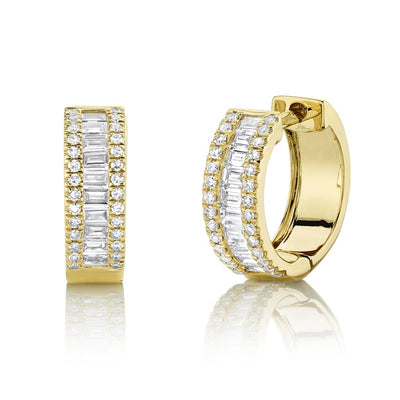 SHY CREATION 14K YELLOW GOLD HUGGIE DIAMOND EARRINGS WITH 22 = BAGUETTE DIAMONDS AND 28 =  SINGLE CUT DIAMONDS 0.49TW  I SI2-I1
