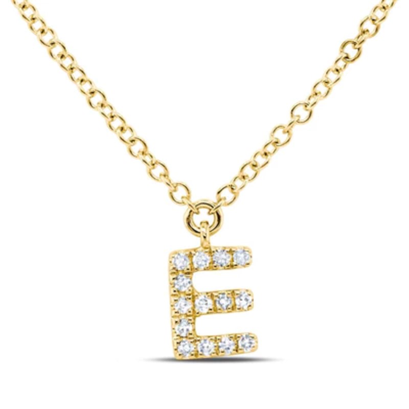 SHY CREATION 14K YELLOW GOLD E INITIAL DIAMOND NECKLACE WITH 14=0.04TW SINGLE CUT I I1 DIAMONDS 18