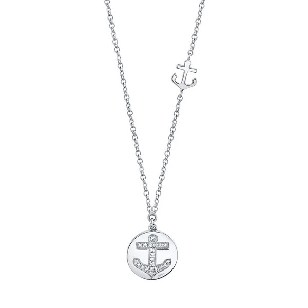 SHY CREATION 14K WHITE GOLD ANCHOR DIAMOND PENDANT WITH 21=0.06TW SINGLE CUT I I1 DIAMONDS ON 14KT WHITE GOLD 18