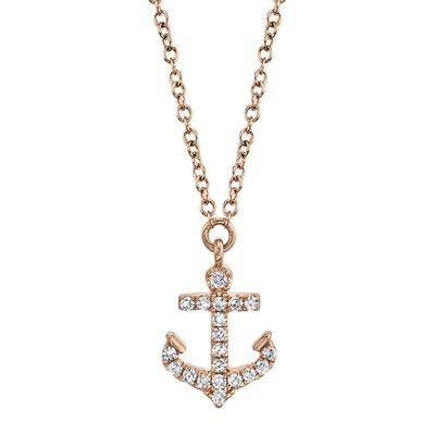 SHY CREATION 14K ROSE GOLD ANCHOR DIAMOND NECKLACE WITH 20=0.07TW SINGLE CUT I I1 DIAMONDS ON 14KT ROSE GOLD 18