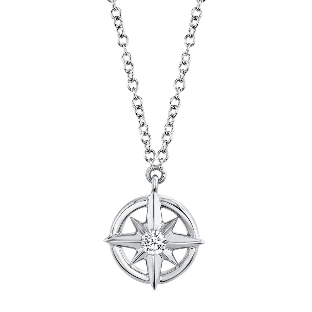 SHY CREATION 14K WHITE GOLD COMPASS DIAMOND NECKLACE WITH ONE 0.05CT ROUND I I1 DIAMOND 18