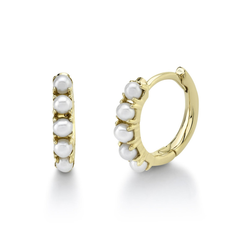 SHY CREATION 14K YELLOW GOLD HUGGIE EARRING WITH 10= ROUND WHITE PEARLS   (0.95 GRAMS)