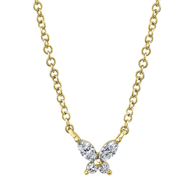 14K YELLOW GOLD BUTTERFLY DIAMOND NECKLACE WITH 2= MARQUISE I I1 DIAMONDS AND 2= ROUND I I1 DIAMONDS 0.10TW