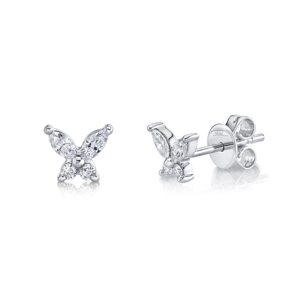 SHY CREATION 14K WHITE GOLD BUTTERFLY STUD DIAMOND EARRINGS WITH 4=0.22TW MARQUISE G-H SI2 DIAMONDS AND 4=0.07TW ROUND G-H SI2 DIAMONDS   (1.16 GRAMS)