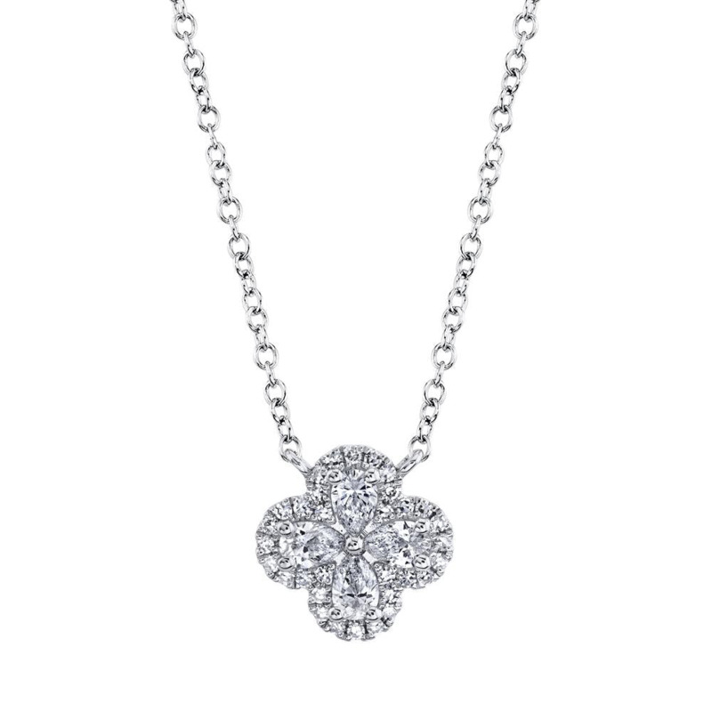 SHY CREATION 14K WHITE GOLD CLOVER DIAMOND NECKLACE WITH 4 = PEAR AND 32 = SINGLE CUT 0.41TW H-I SI2-I1 DIAMONDS  (2.06 GRAMS)